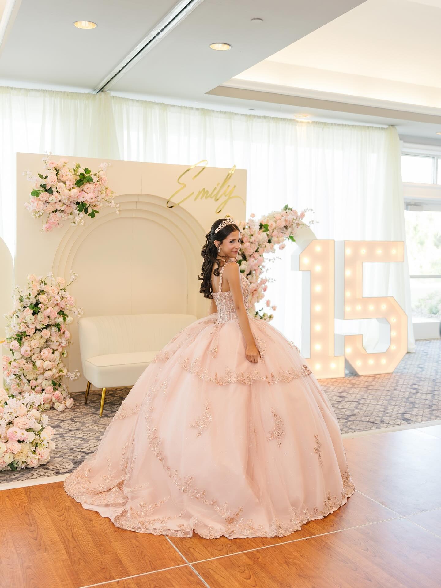 Sparkly Light Pink Appliqued Corset Long Quinceanera Dress