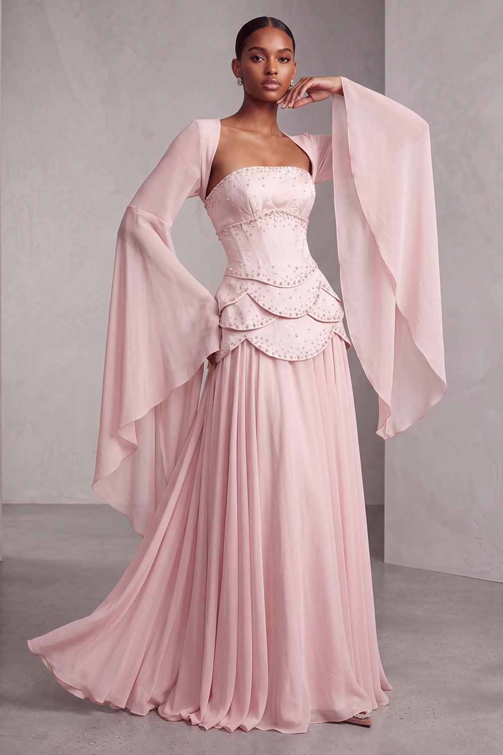 Floral Blush Beaded Chiffon A Line Ruffled Long Corset Prom Dress with Sleeves