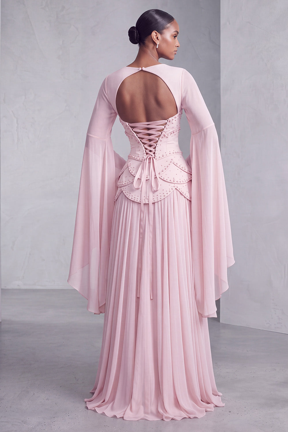 Floral Blush Beaded Chiffon A Line Ruffled Long Corset Prom Dress with Sleeves