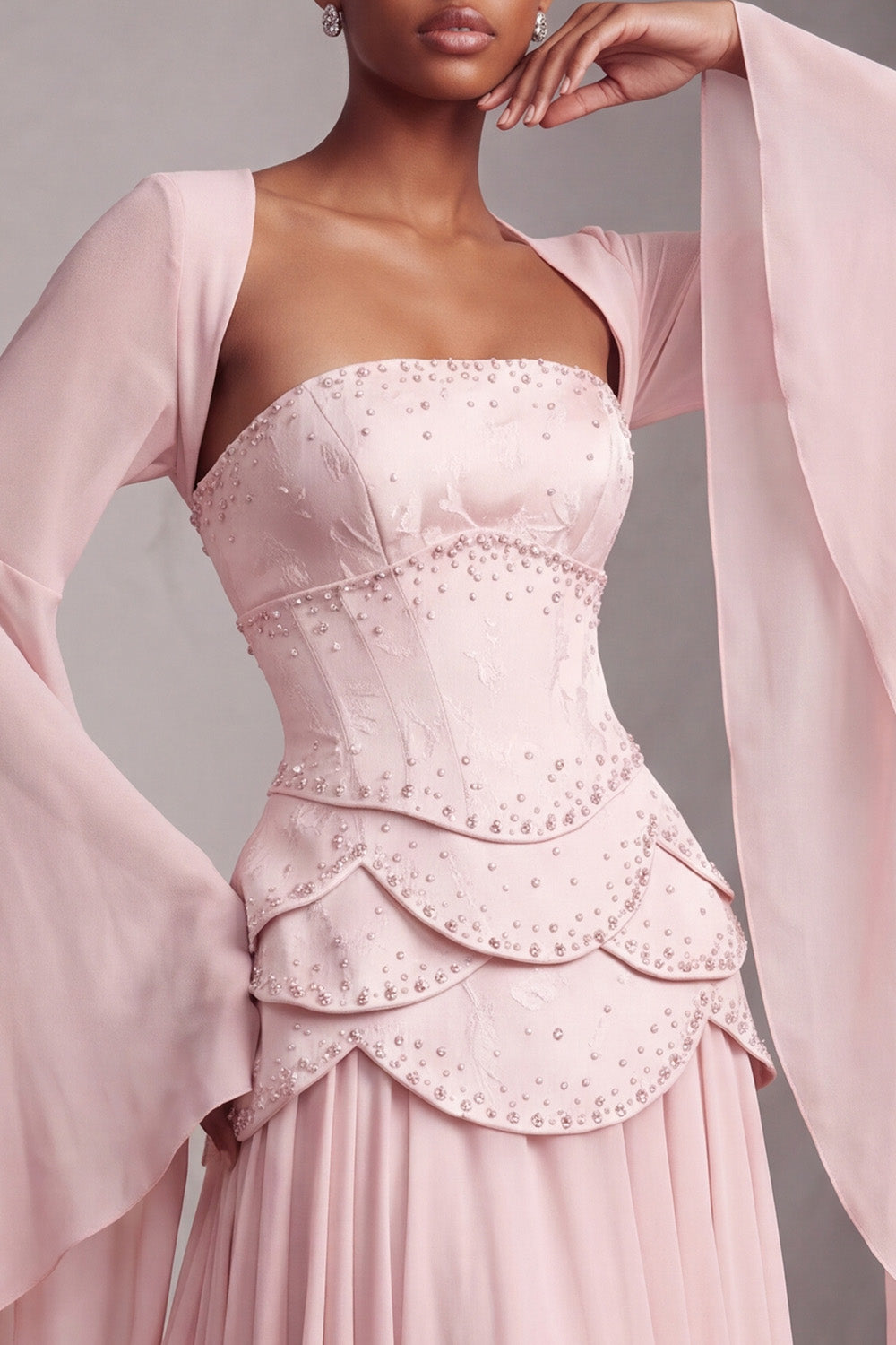 Floral Blush Beaded Chiffon A Line Ruffled Long Corset Prom Dress with Sleeves