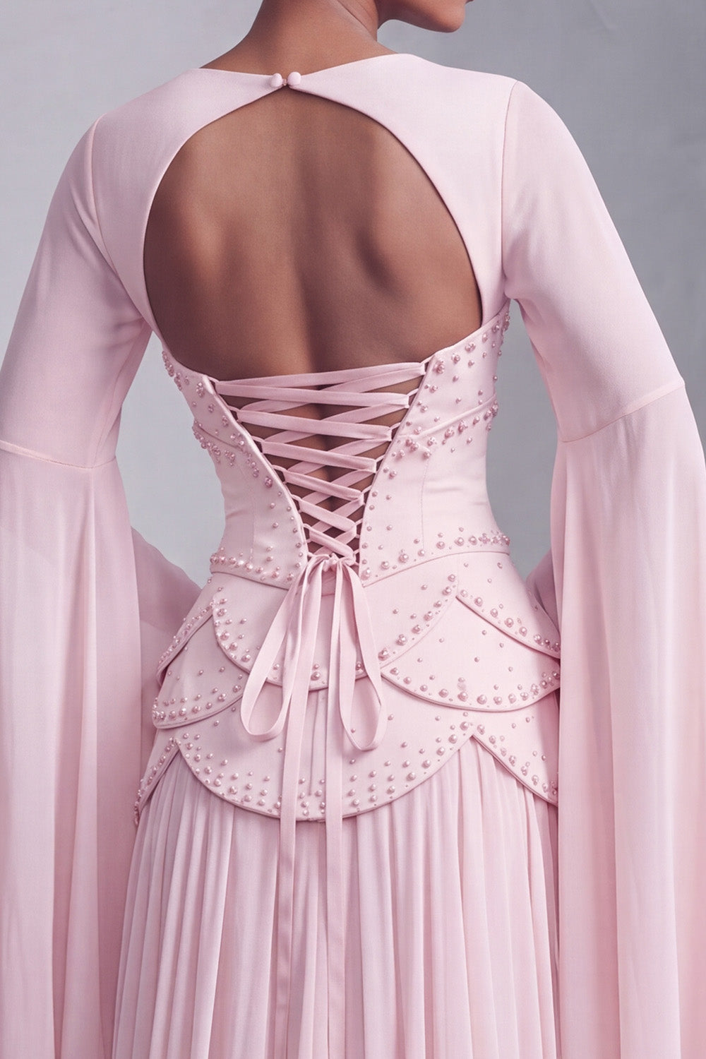 Floral Blush Beaded Chiffon A Line Ruffled Long Corset Prom Dress with Sleeves