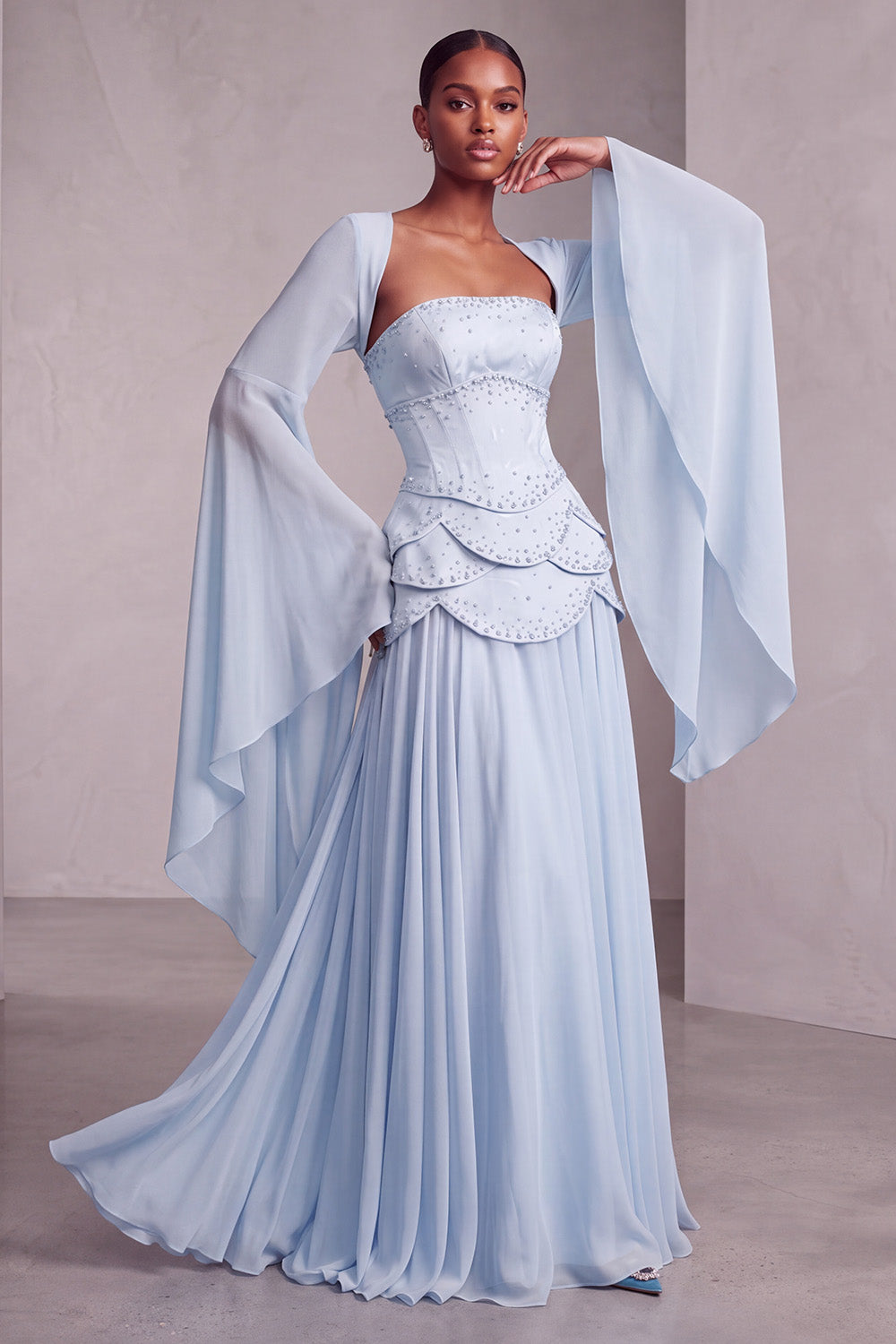 Floral Blush Beaded Chiffon A Line Ruffled Long Corset Prom Dress with Sleeves