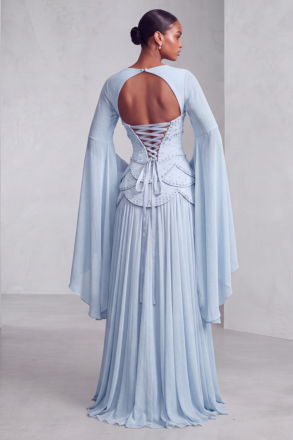 Floral Blush Beaded Chiffon A Line Ruffled Long Corset Prom Dress with Sleeves