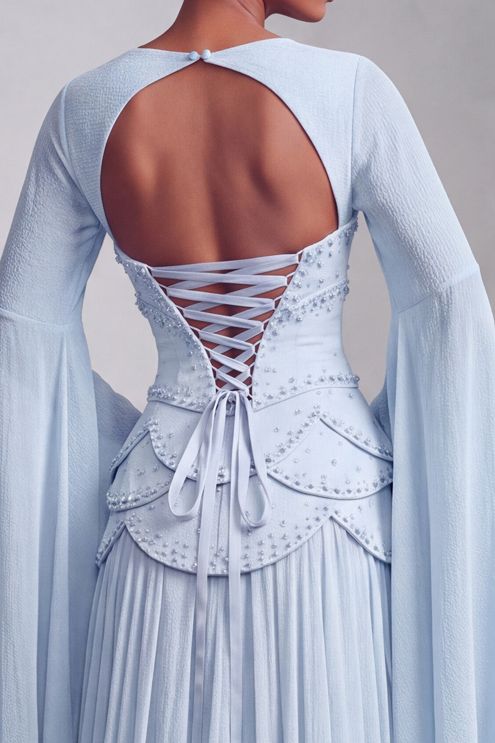 Floral Blush Beaded Chiffon A Line Ruffled Long Corset Prom Dress with Sleeves