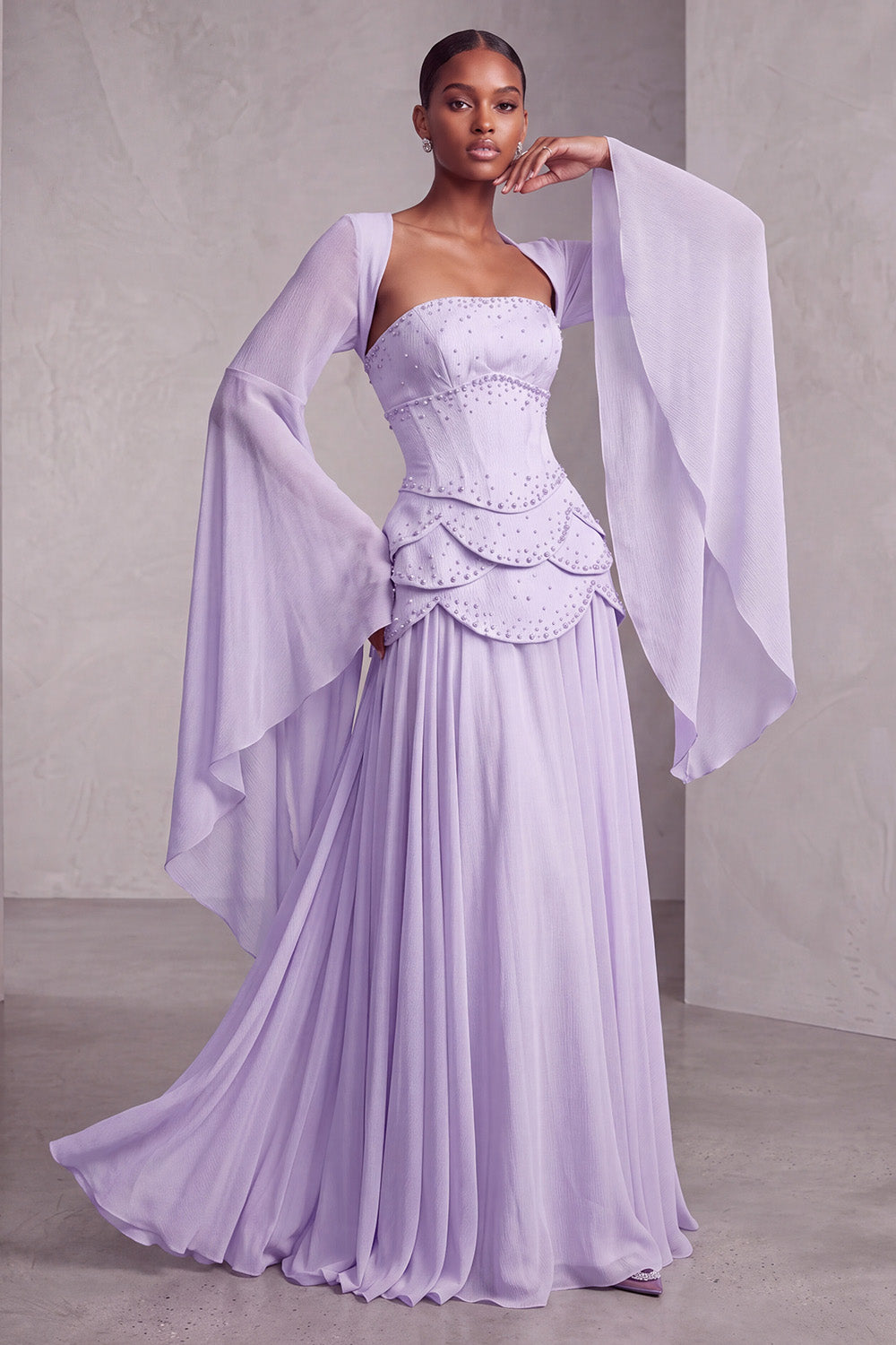 Floral Blush Beaded Chiffon A Line Ruffled Long Corset Prom Dress with Sleeves