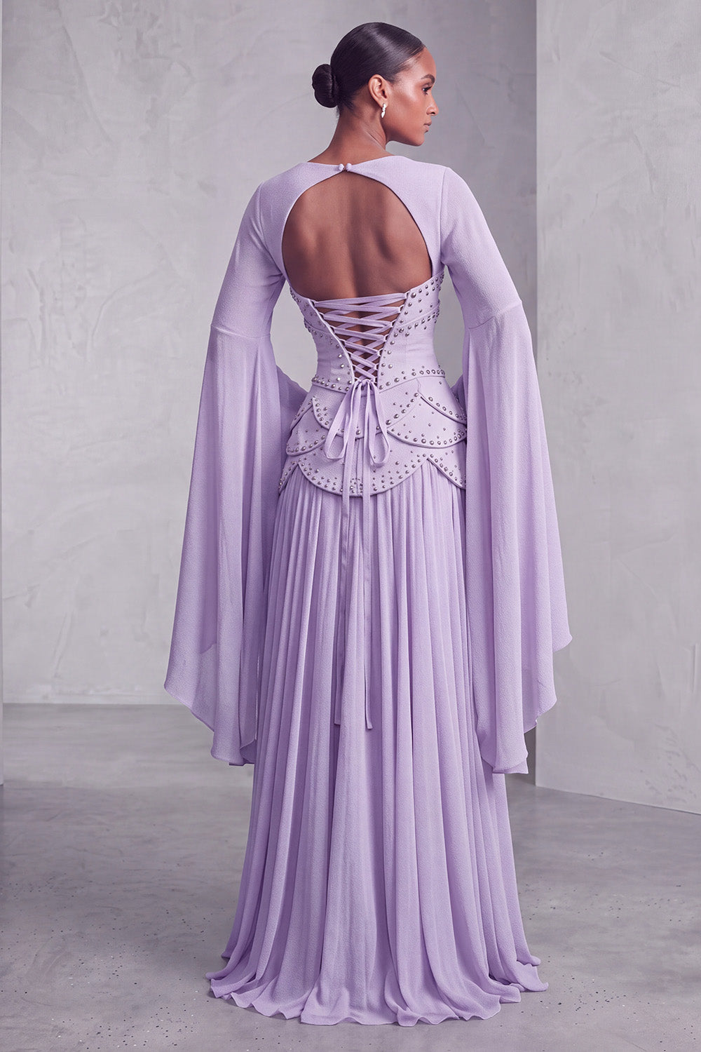 Floral Blush Beaded Chiffon A Line Ruffled Long Corset Prom Dress with Sleeves