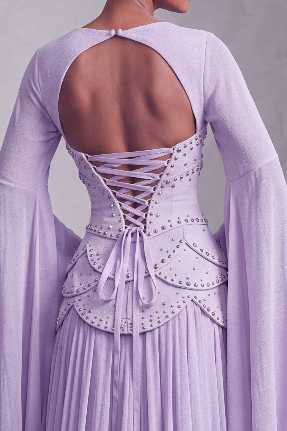 Floral Blush Beaded Chiffon A Line Ruffled Long Corset Prom Dress with Sleeves
