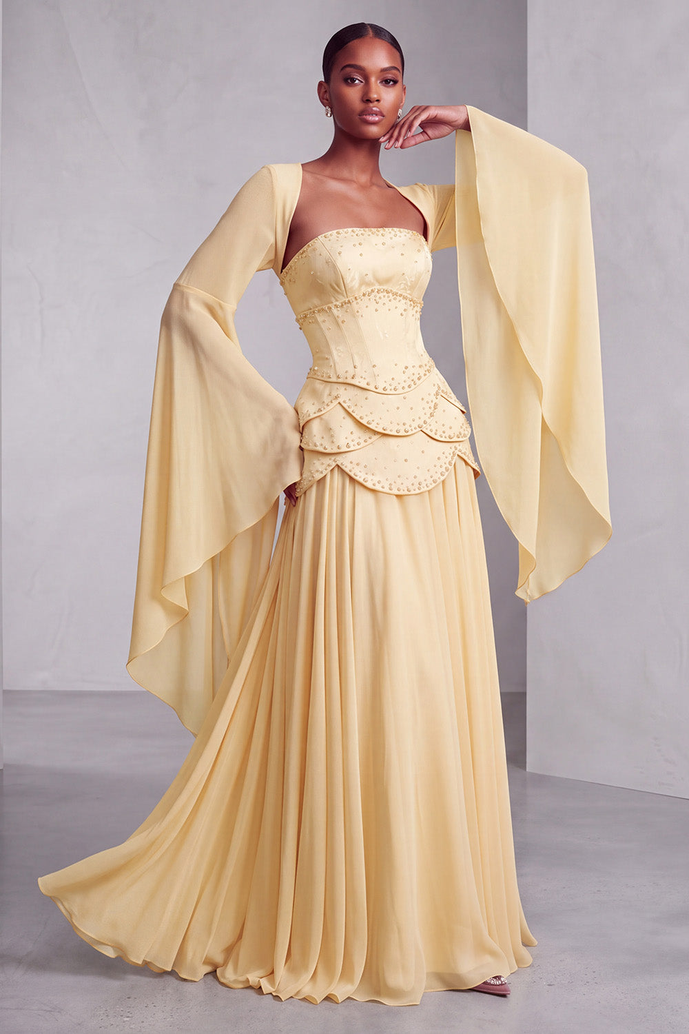 Floral Blush Beaded Chiffon A Line Ruffled Long Corset Prom Dress with Sleeves