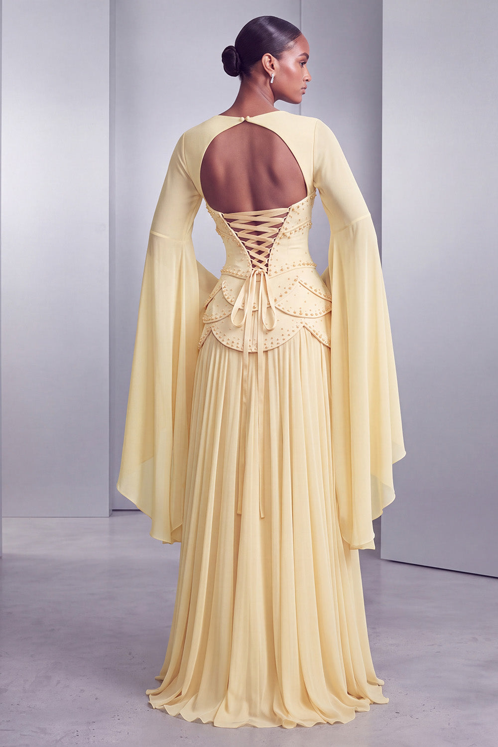 Floral Blush Beaded Chiffon A Line Ruffled Long Corset Prom Dress with Sleeves