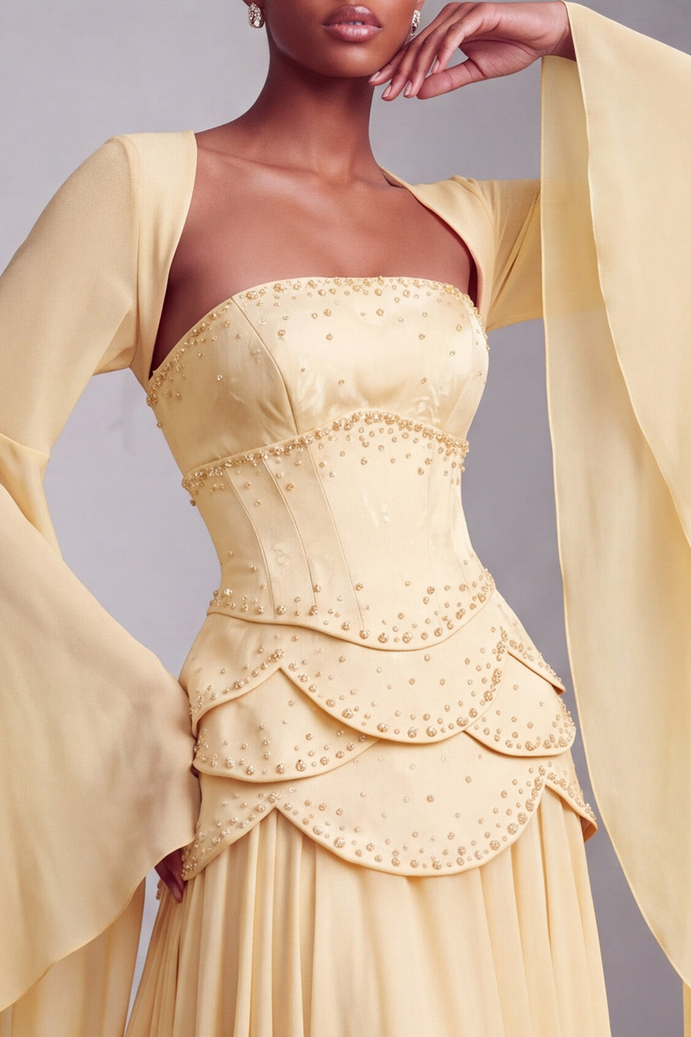 Floral Blush Beaded Chiffon A Line Ruffled Long Corset Prom Dress with Sleeves