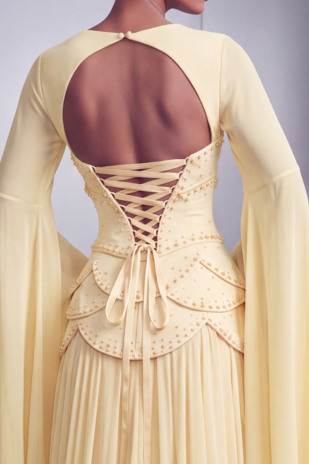 Floral Blush Beaded Chiffon A Line Ruffled Long Corset Prom Dress with Sleeves