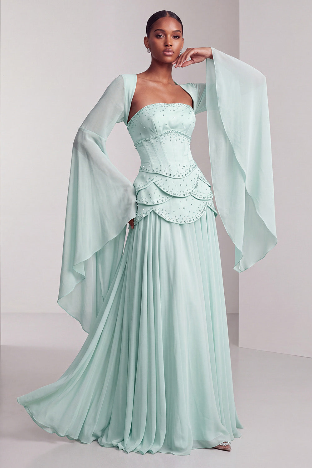 Floral Blush Beaded Chiffon A Line Ruffled Long Corset Prom Dress with Sleeves
