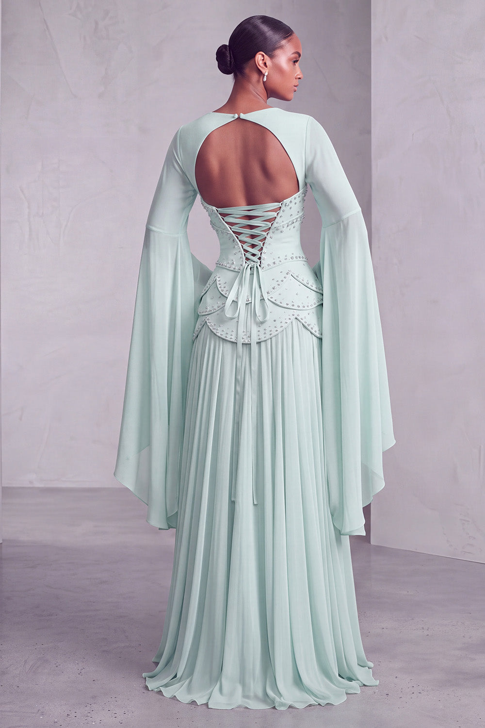Floral Blush Beaded Chiffon A Line Ruffled Long Corset Prom Dress with Sleeves