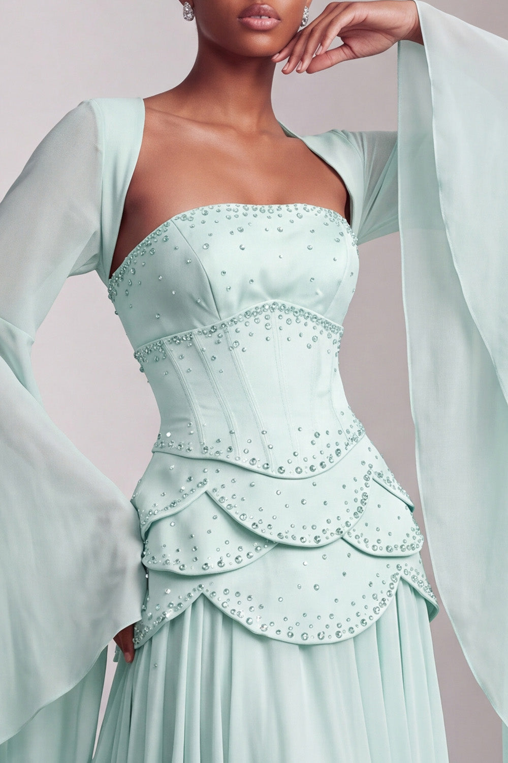 Floral Blush Beaded Chiffon A Line Ruffled Long Corset Prom Dress with Sleeves