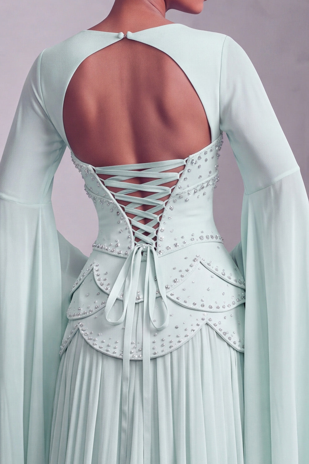 Floral Blush Beaded Chiffon A Line Ruffled Long Corset Prom Dress with Sleeves