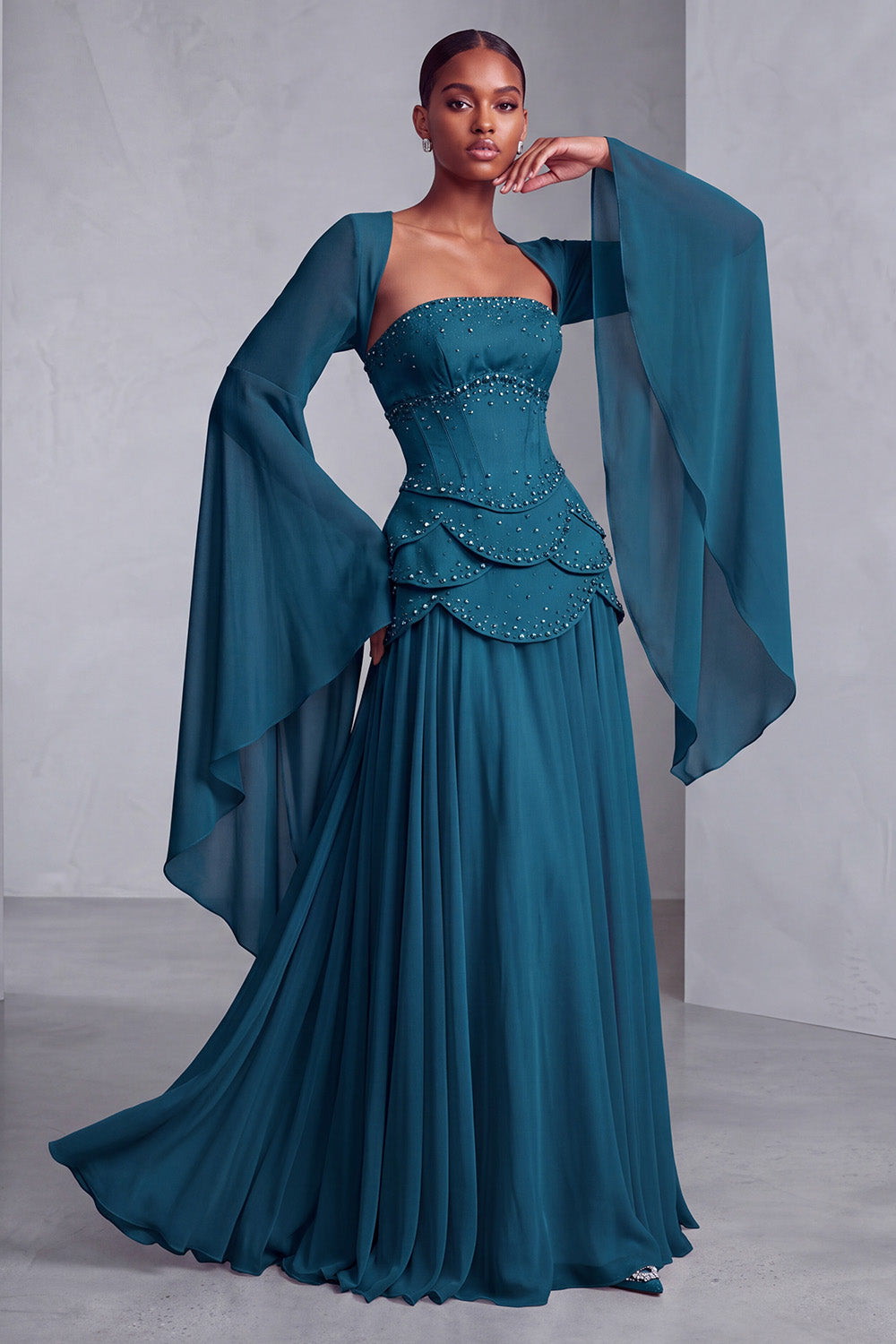 Floral Blush Beaded Chiffon A Line Ruffled Long Corset Prom Dress with Sleeves