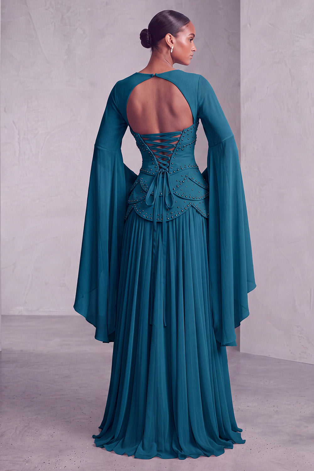 Floral Blush Beaded Chiffon A Line Ruffled Long Corset Prom Dress with Sleeves