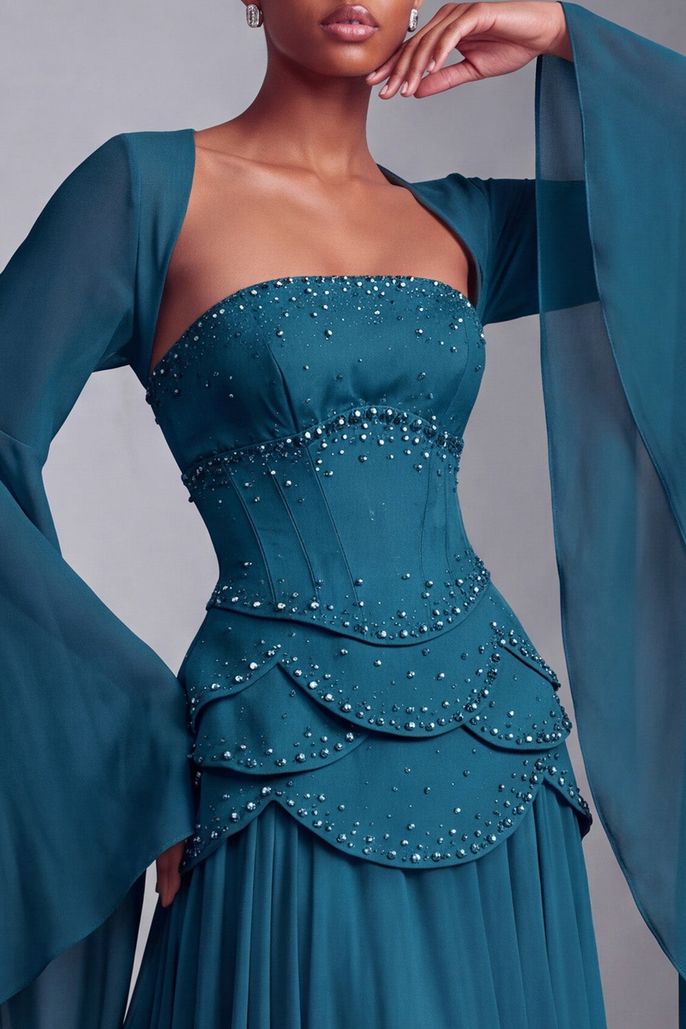 Floral Blush Beaded Chiffon A Line Ruffled Long Corset Prom Dress with Sleeves