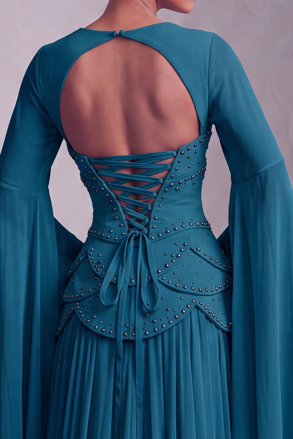 Floral Blush Beaded Chiffon A Line Ruffled Long Corset Prom Dress with Sleeves
