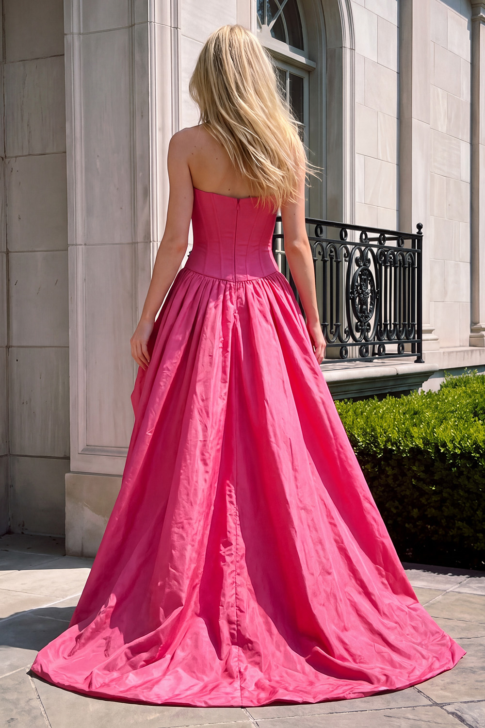 Strapless High-Low Fuchsia Corset Prom Dress with Beading
