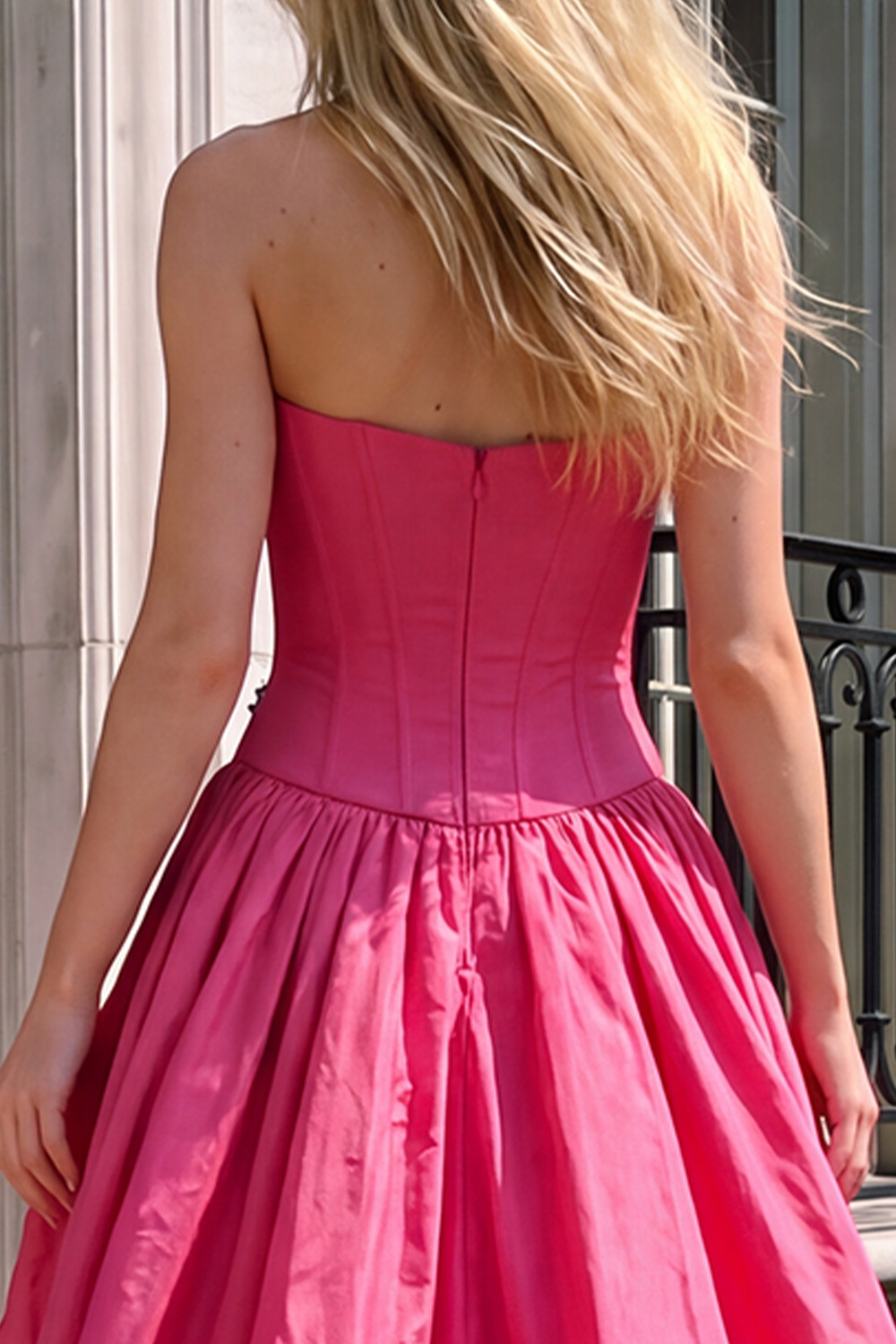 Strapless High-Low Fuchsia Corset Prom Dress with Beading