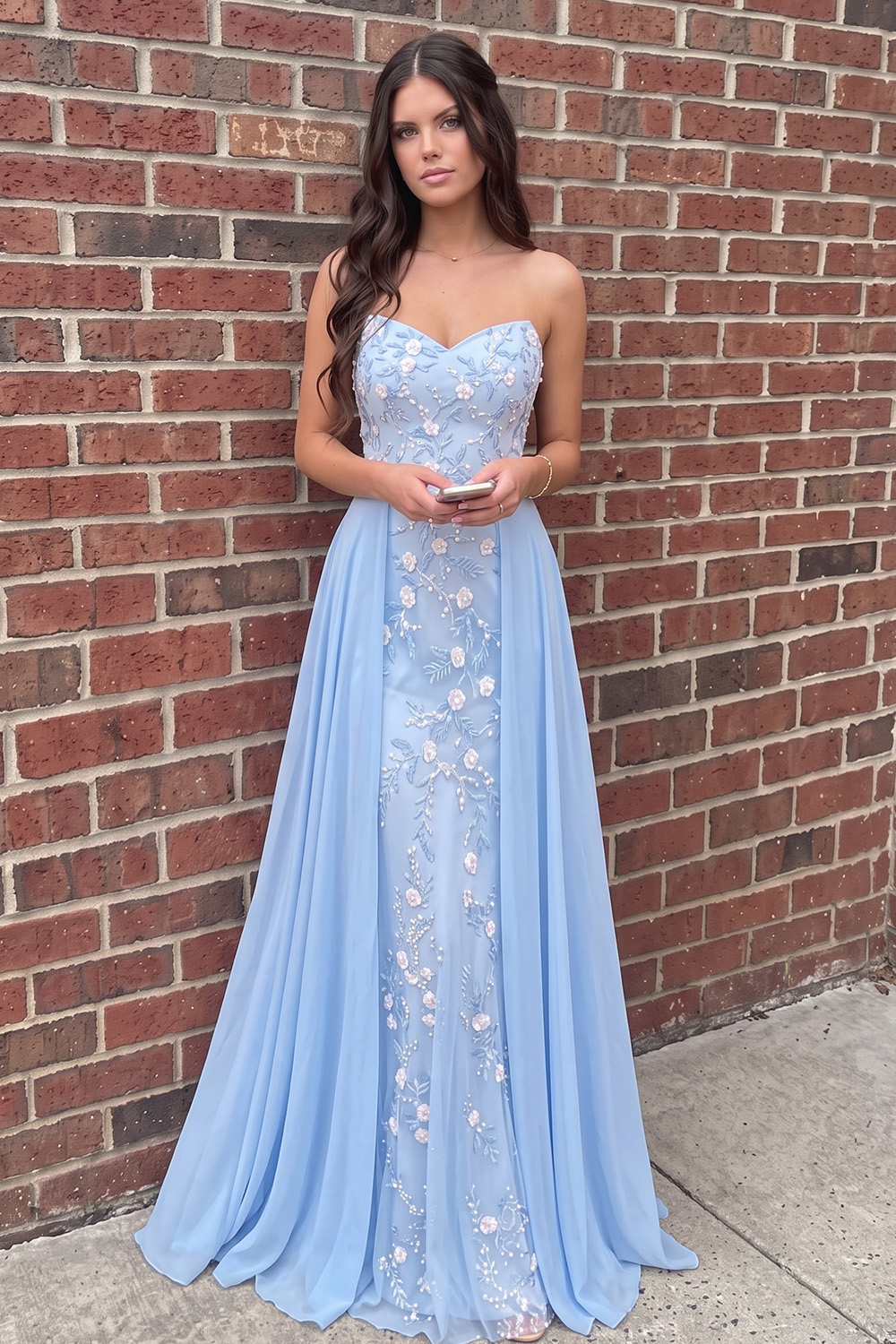 Blue A Line Strapless Floral Long Prom Dress with Appliques