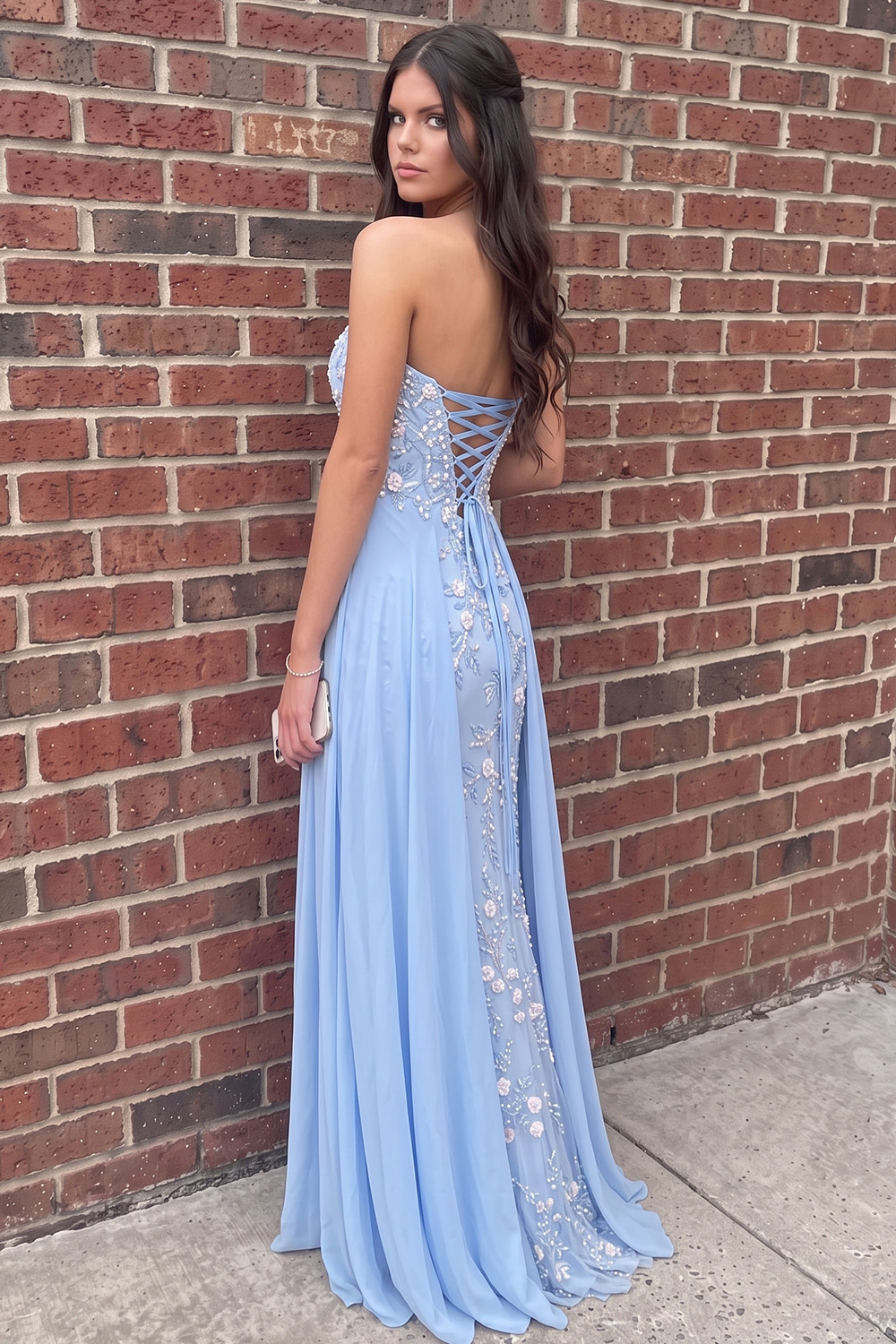 Blue A Line Strapless Floral Long Prom Dress with Appliques