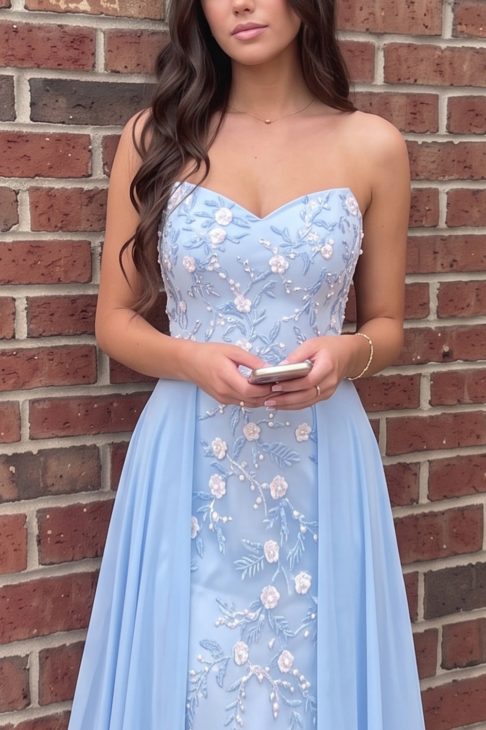Blue A Line Strapless Floral Long Prom Dress with Appliques
