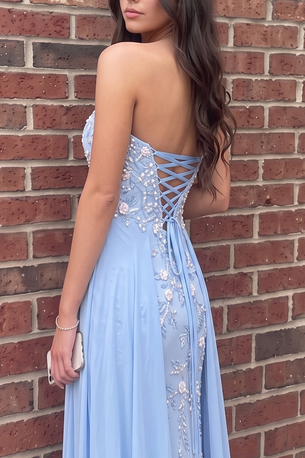 Blue A Line Strapless Floral Long Prom Dress with Appliques