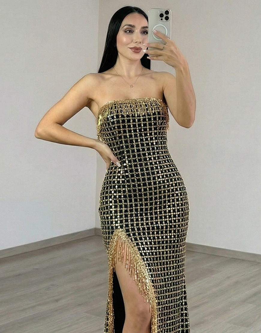 Sparkly Black Golden Fringed Mermaid Beaded Strapless Long Prom Dress with Slit