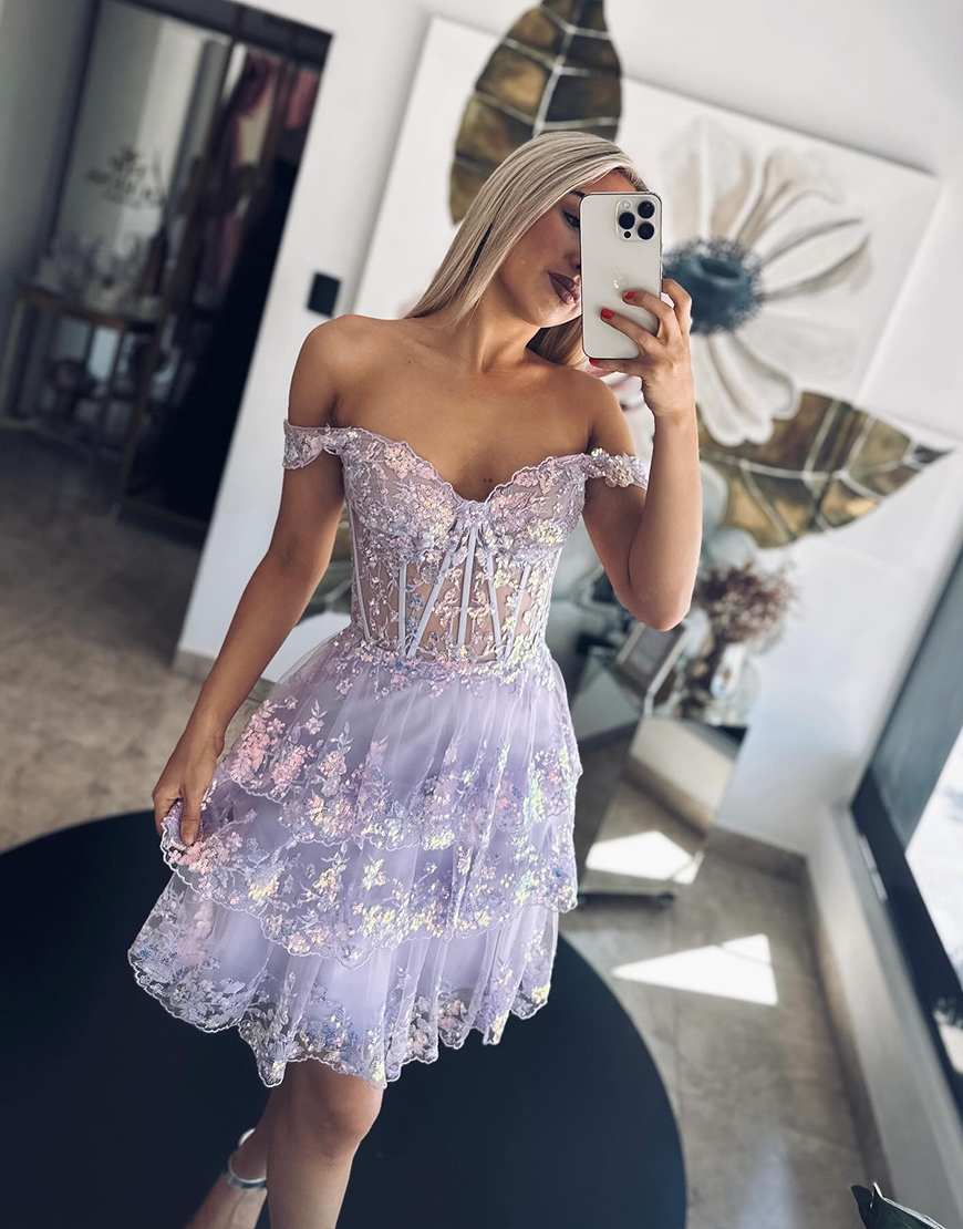 Cute Grey A-Line Tiered Short Homecoming Dress With Appliques