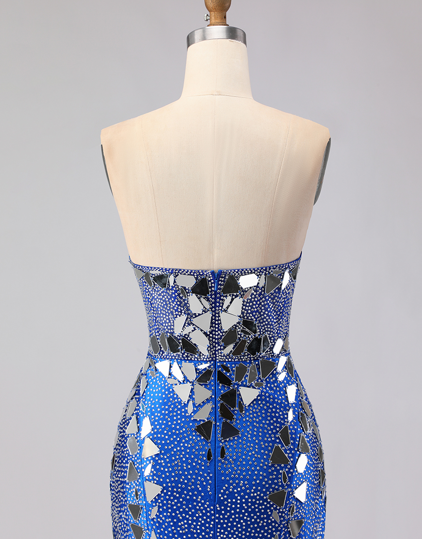 Sparkly Red Beaded Mermaid Mirror Sweetheart Long Prom Dress with Slit