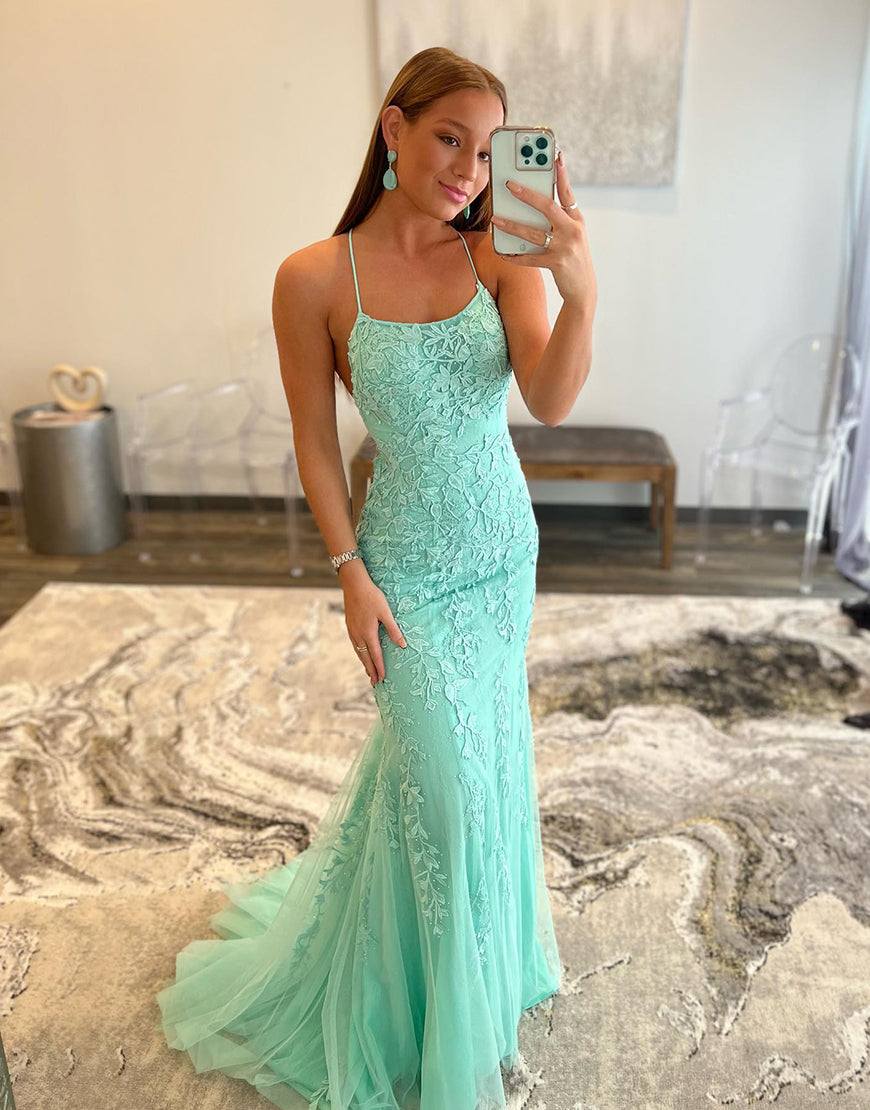 Mermaid Applique Long Prom Dress Backless Evening Dress