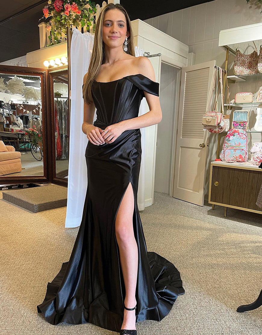 Mermaid Glitter Satin Off-the-Shoulder Prom Dress