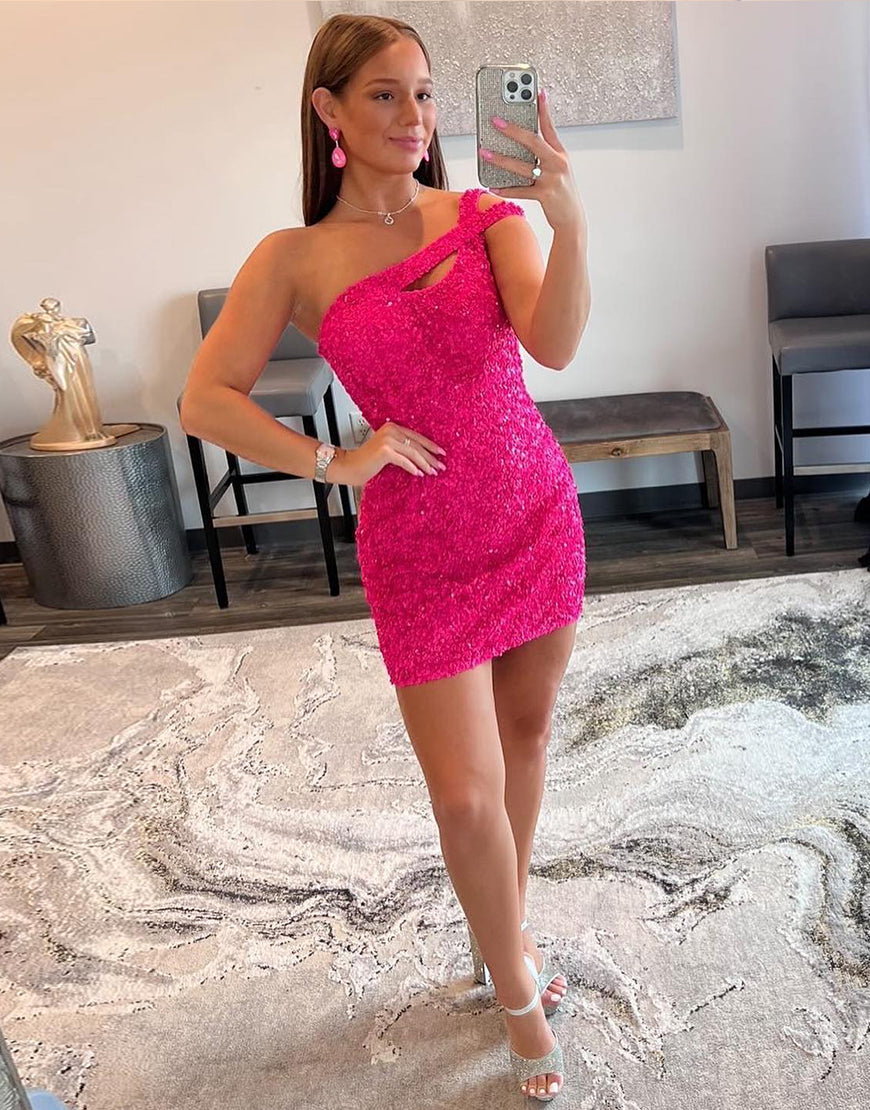Sexy Glitter One-Shoulder Pink Sequins Homecoming Dress