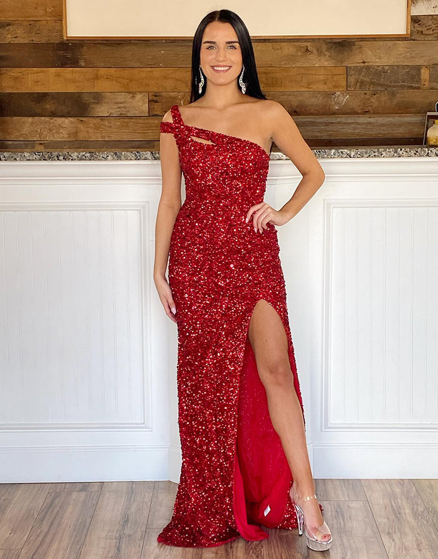 Sexy Glitter One-Shoulder Red Long Prom Dress With Sequins