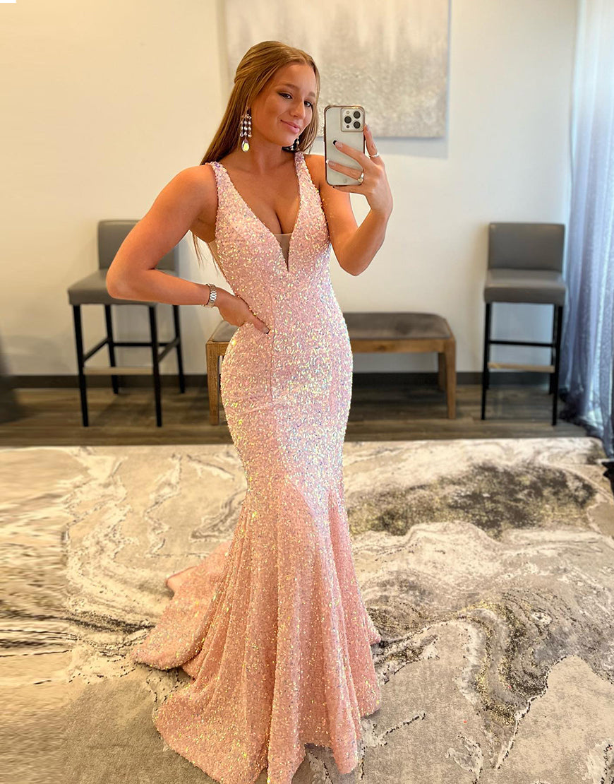 Sexy Glitter V Neck Mermaid Pink Long Prom Dress