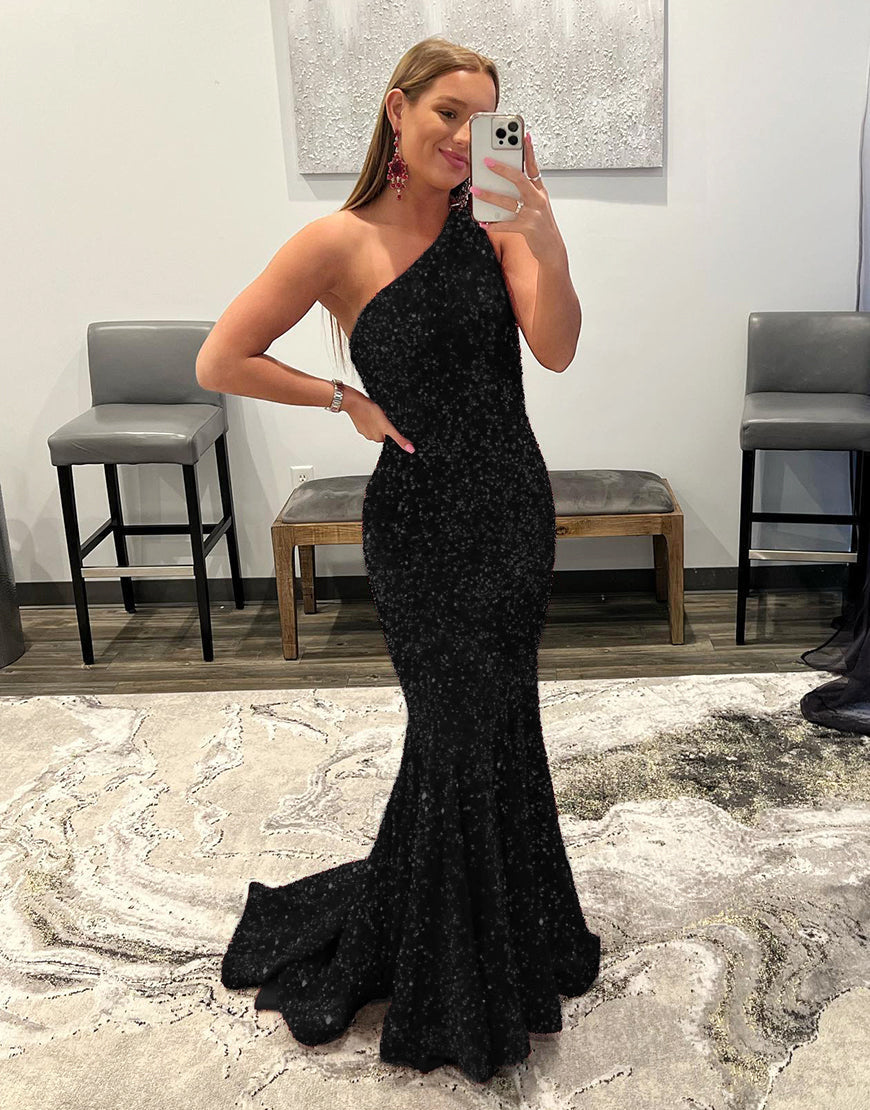 Mermaid Glitter Sexy One-Shoulder Long Prom Dress With Sequins