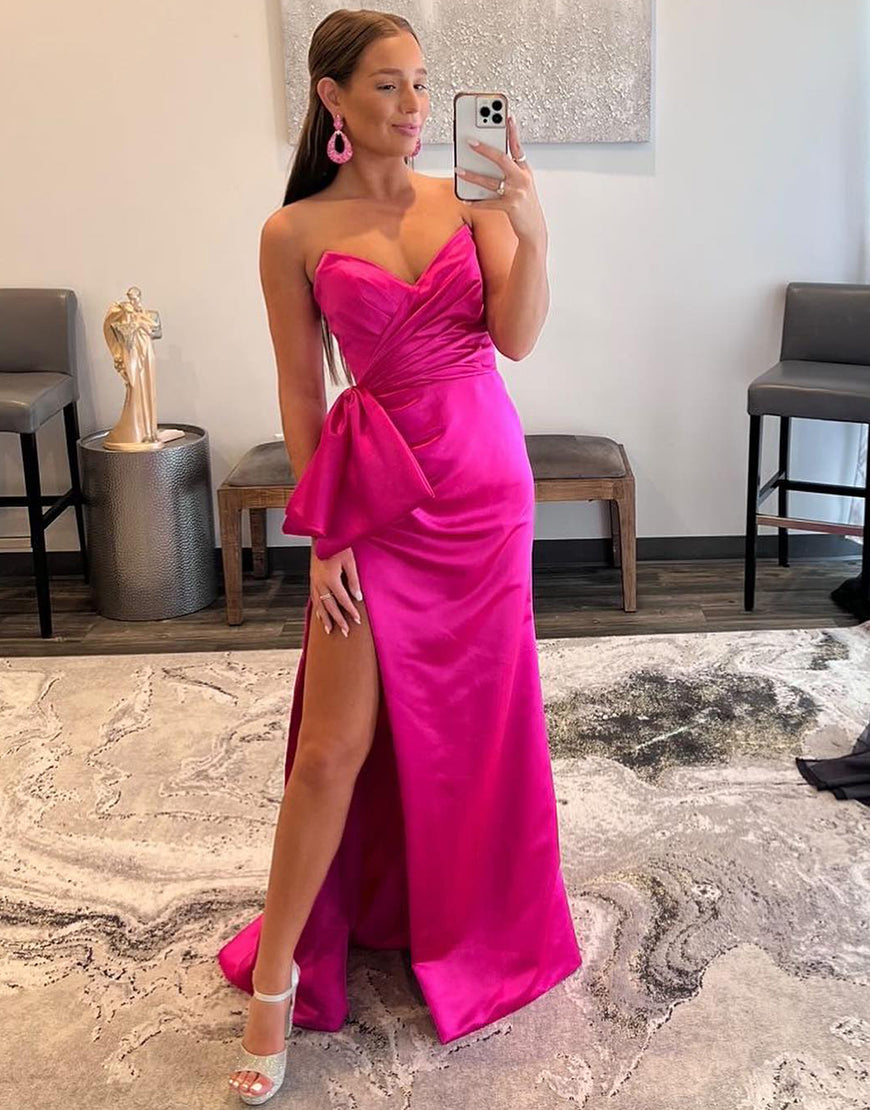 Sexy V Neck Pink Satin Long Sleeve Prom Dress