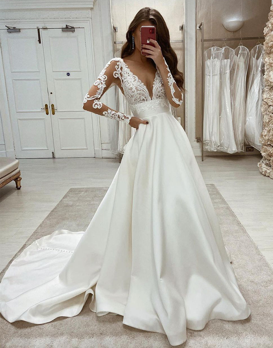 A-Line V Neck Lace Chiffon Wedding Dress