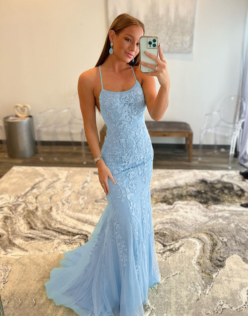 Mermaid Applique Long Prom Dress Backless Evening Dress