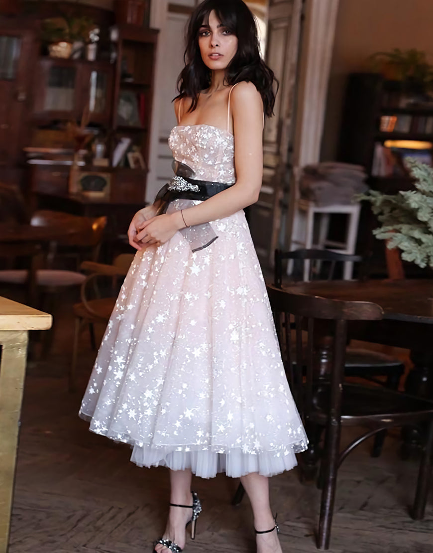 A-Line Spaghetti Strap Tea Length Pearl Pink Tulle Prom Homecoming Dress