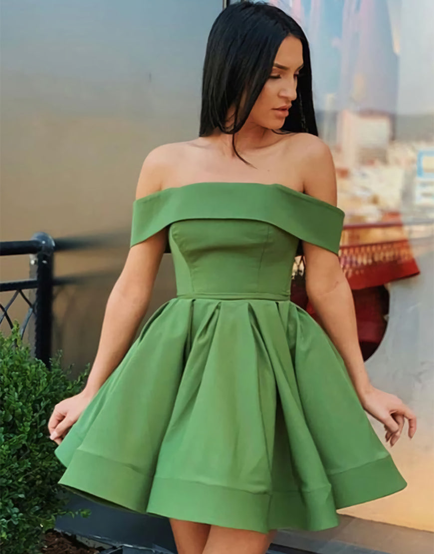 A-Line Green Off-the-Shoulder Pleating Short Homecoming Dress