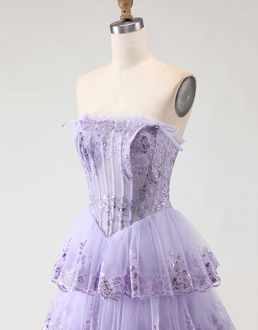 Blush Tiered Floral Tulle Corset A Line Long Prom Dress with Slit