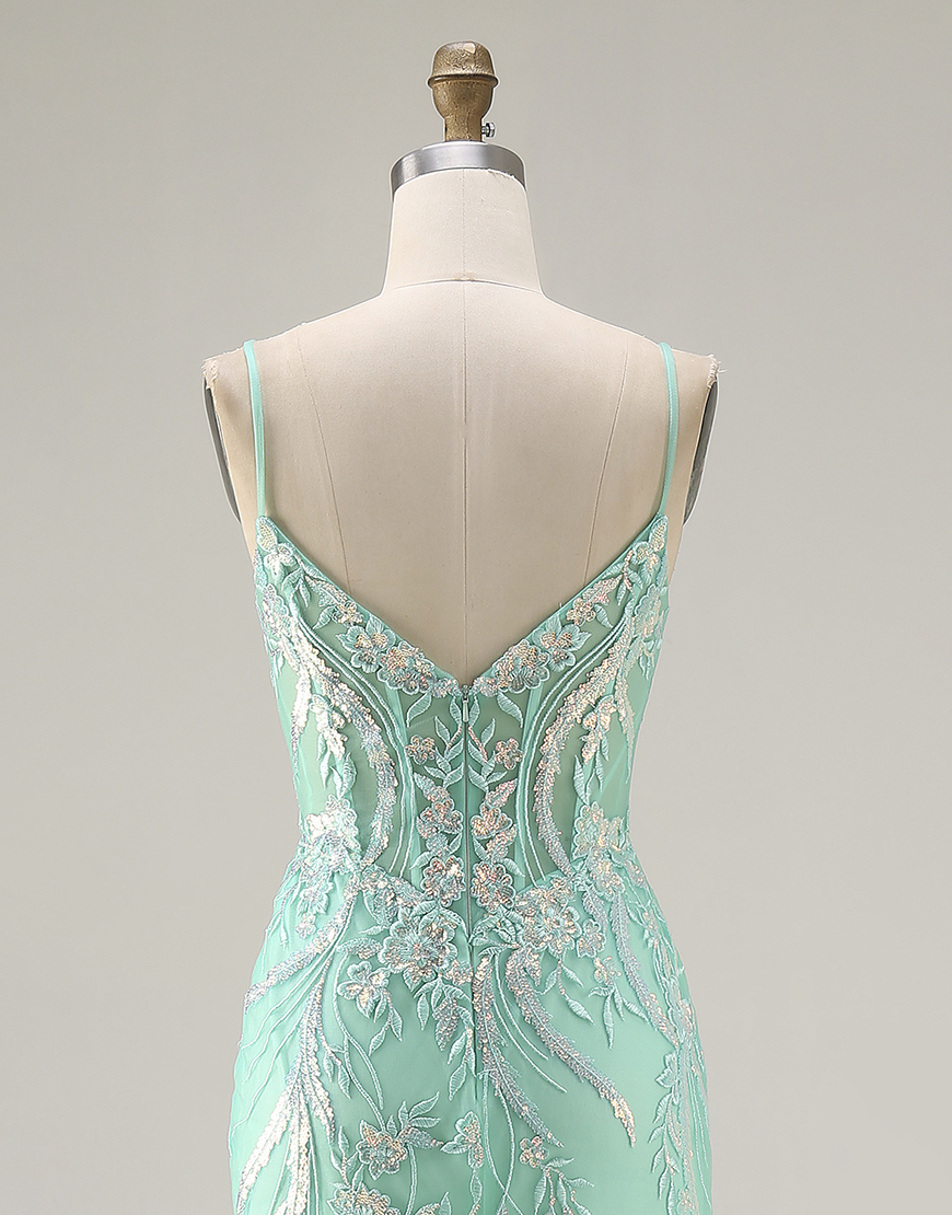 Sparkly Purple Floral Mermaid Lace Spaghetti Straps Long Prom Dress