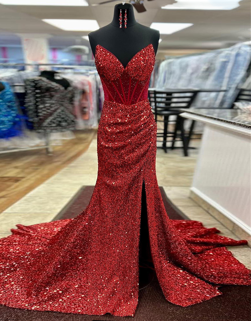 Sparkly Red Mermaid Strapless Corset Sequins Long Prom Dress with Slit