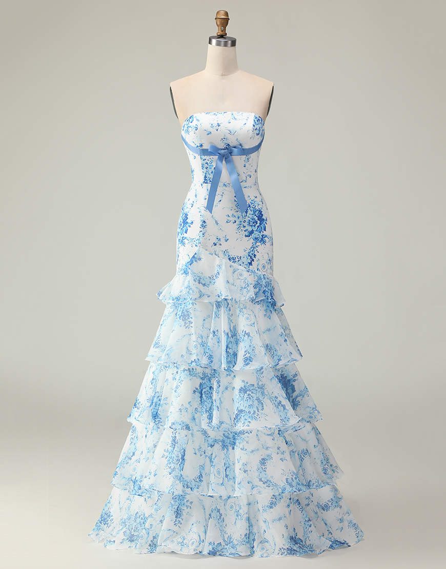 Blue and White Floral Ruffled Mermaid Strapless Long Prom Dress
