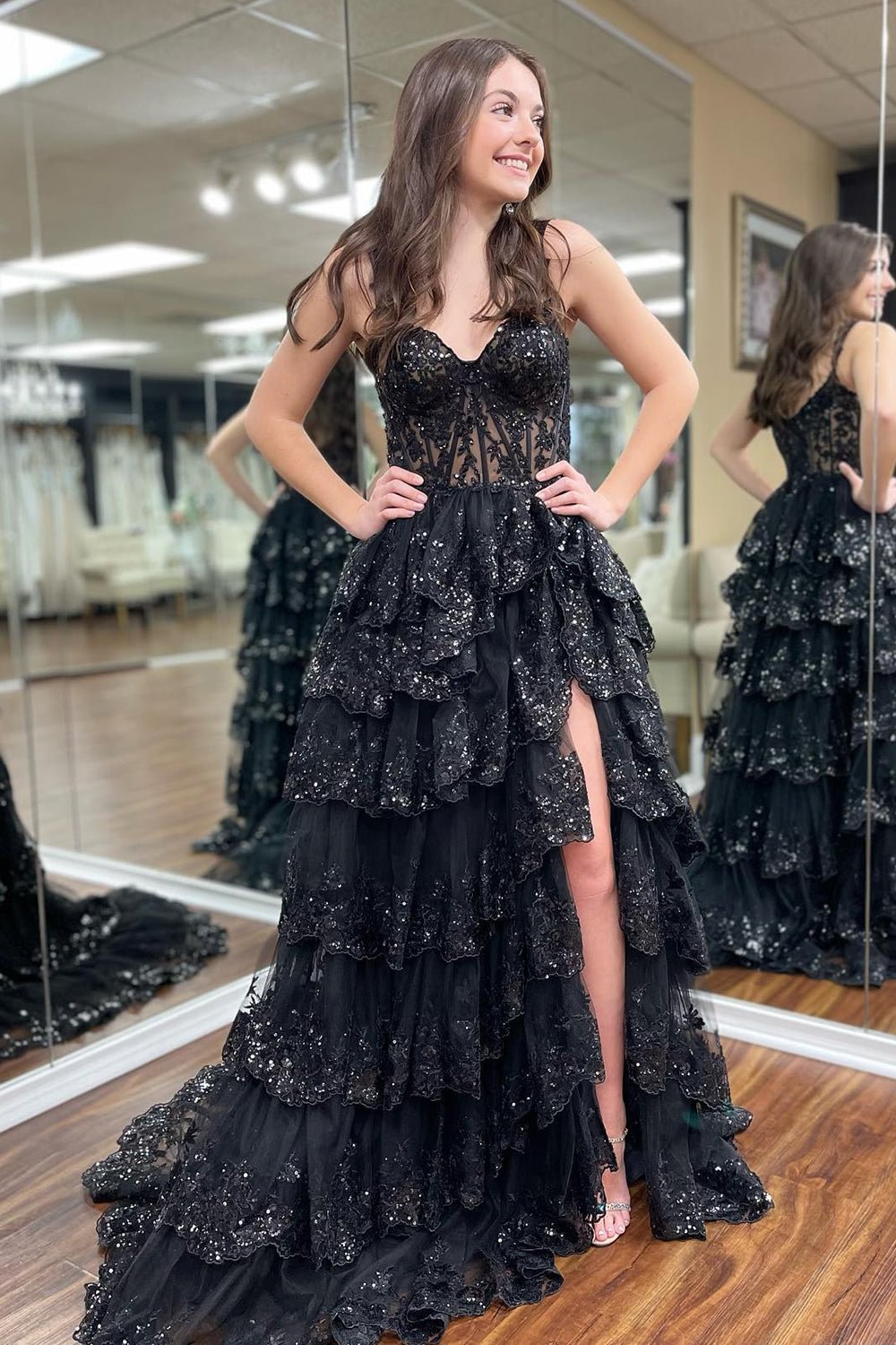 Sparkly Black Off The Shoulder Long Tiered Corset Prom Dress With Sequin
