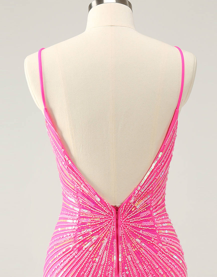 Glitter Fuchsia Sequined Tight V-Neck Homecoming Dress 