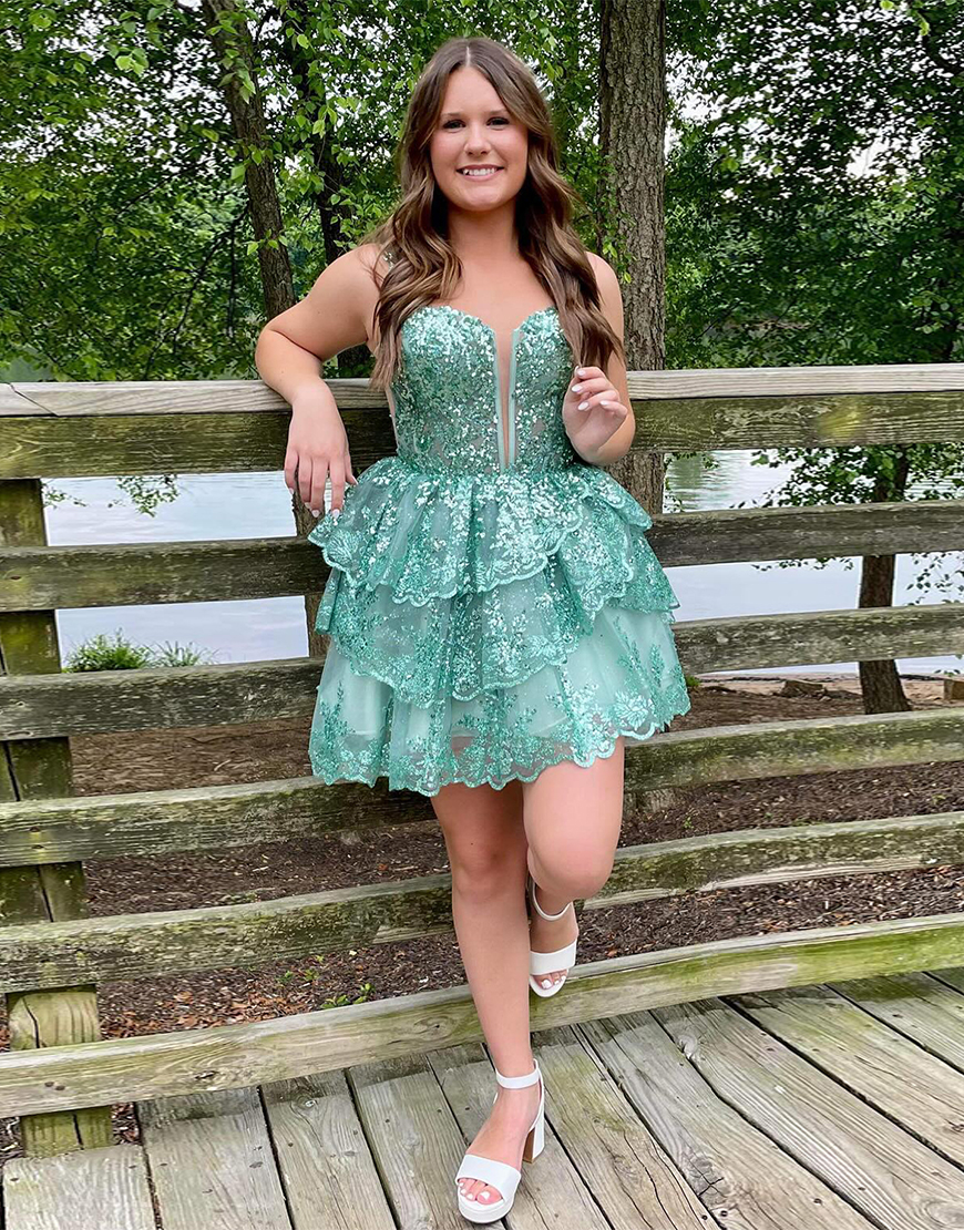 Glitter Green A-Line Tiered Sequined Homecoming Dress 